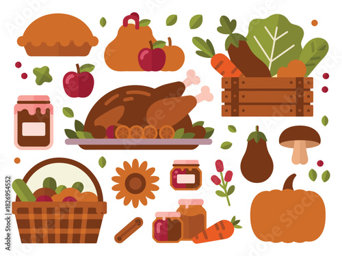 A collection of Thanksgiving food items and harvest produce is displayed.