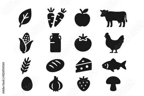Silhouette icons of farm produce and animals - vegetables, fruits, livestock
