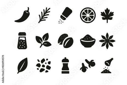 Black icons of spices and herbs: pepper, basil, star anise, cinnamon, nutmeg