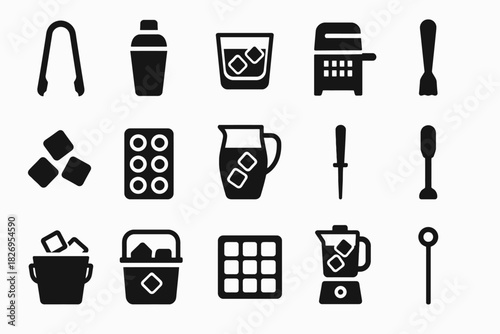Black icons set of cocktail tools and ice accessories