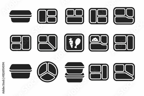 Assorted black and white meal container icons for organization and food storage