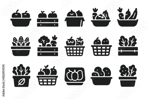 Set of black vegetable and fruit icons in baskets and containers