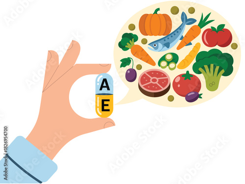 A hand holds a vitamin capsule with A and E, with a thought bubble showing healthy foods.