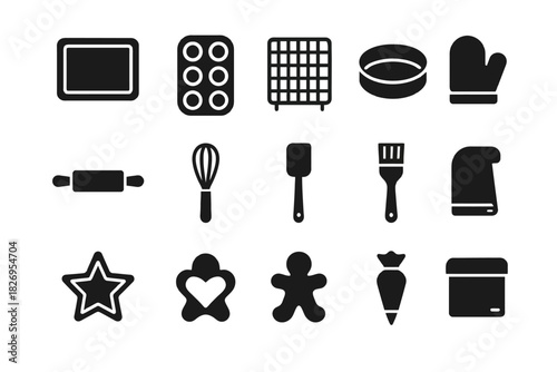 Baking tools icons: tray, whisk, spatula, cookie cutters, oven mitt