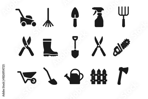 Garden tools collection: silhouettes of essential equipment for landscaping and maintenance