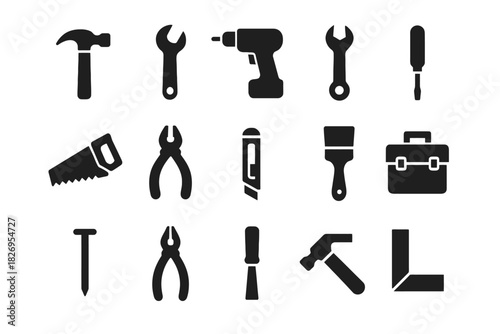 Silhouette icons of hand tools including hammer, drill, saw, wrench, and toolbox set
