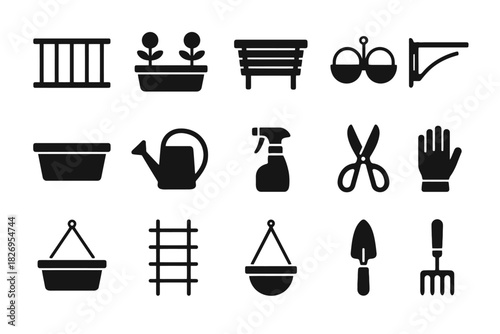 Garden tools and accessories icons set: modern black silhouette designs