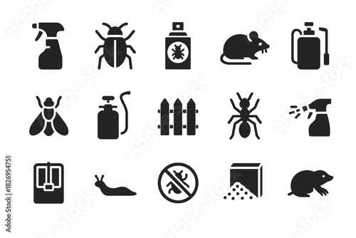 Pest control icons: spray bottles, insects, rodents, traps, pesticides in black and white