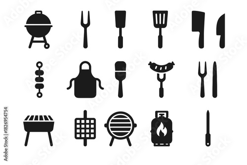 Barbecue grill and utensil icons set for outdoor cooking