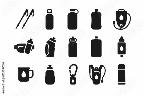Silhouette icons of water bottles and hydration gear collection