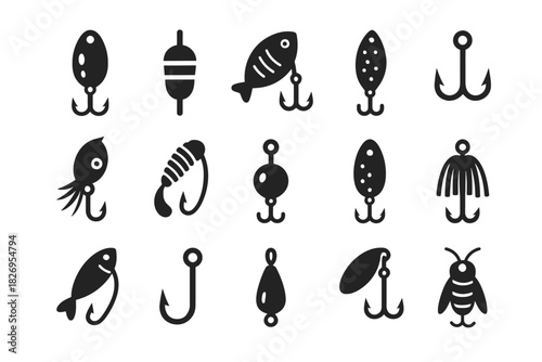 Icon set of fishing hooks and lures in silhouette design