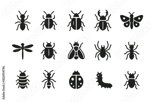 Silhouette collection of various insects including beetles, spiders, and caterpillar