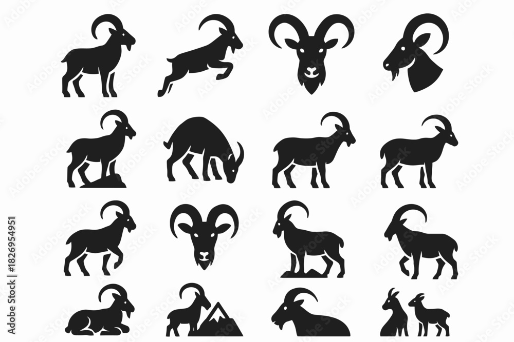 Fototapeta premium Silhouette collection of mountain goats in various poses and profiles