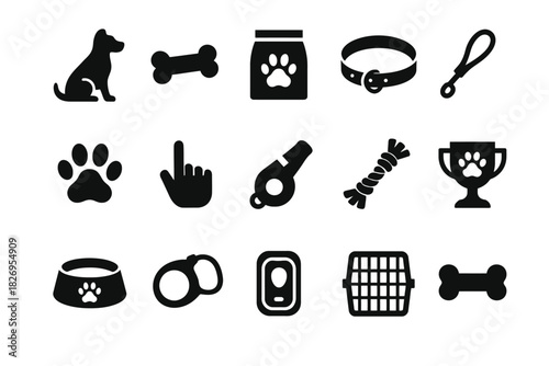 Pet accessories icons: dog, bone, collar, leash, bowl, whistle, toy, crate