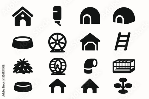 Pet icons set: house, toys, cages, and accessories silhouettes