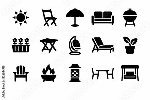 Outdoor furniture icons set: chairs, tables, umbrella, grill, swing, lantern, fire pit