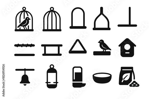 Silhouette icons of bird cages perches feeders and related accessories