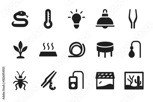 Animal care icons set: snake, thermometer, lightbulb, bell, tweezers, plant, steaming bowl, spiral, stool, lamp, bug, food, sensors, aquarium, terrarium