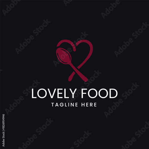 Heart shape with spoon and fork lovely food restaurant Vector logo template