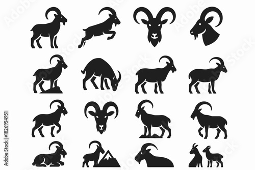 Silhouette collection of mountain goats in various poses and profiles