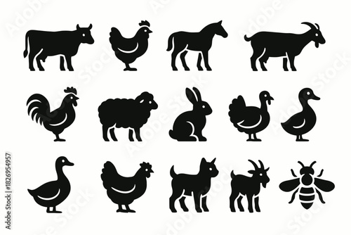 Silhouette collection of farm animals: cow, goat, horse, chicken, rabbit, duck
