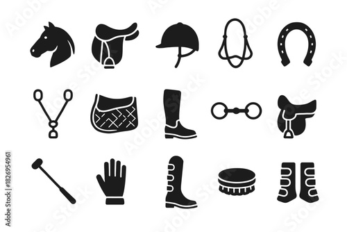 Silhouette icons of equestrian gear and accessories collection