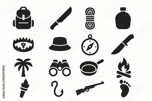 Outdoor adventure icons set featuring camping and survival essentials