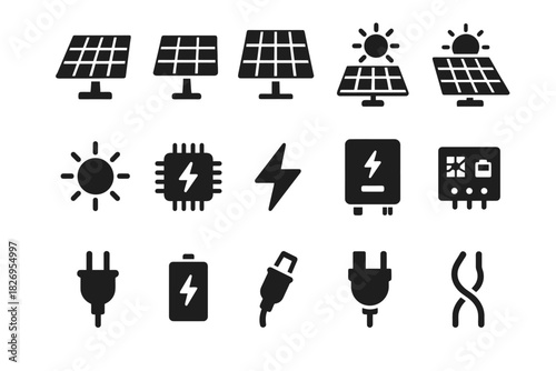 Solar energy icons: panels, sun, battery, plugins, electricity symbols