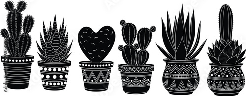 Cactus and succulent silhouette set, potted plants, geometric pots, desert flora, black vector, decorative nature icons, whimsical design