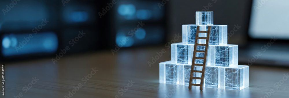 Fototapeta premium Ladder of progress showing business growth through search engine optimization strategy. Ambition and determination fuel climb up digital blocks for successful future