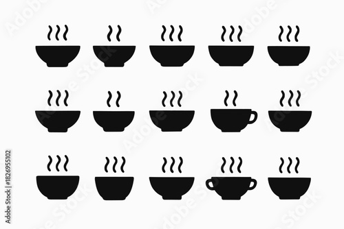 Set of black silhouette icons of steaming bowls and cups on white background