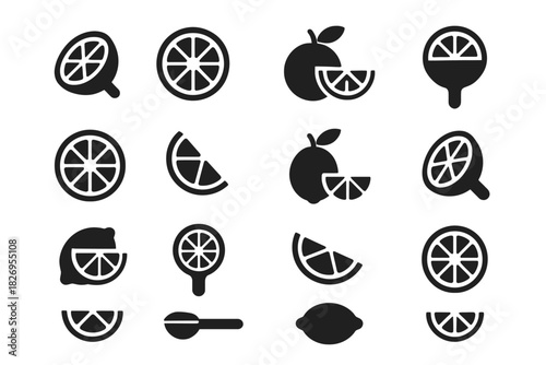 Set of citrus fruit icons: slices and whole lemons in bold black and white