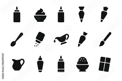 Assorted condiments and kitchen utensils icons collection