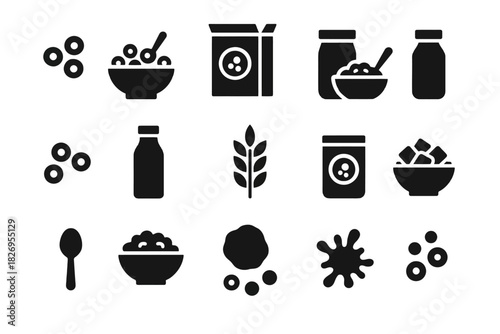 Breakfast icons: cereal, bowl, jar, milk, spoon, grain, design elements