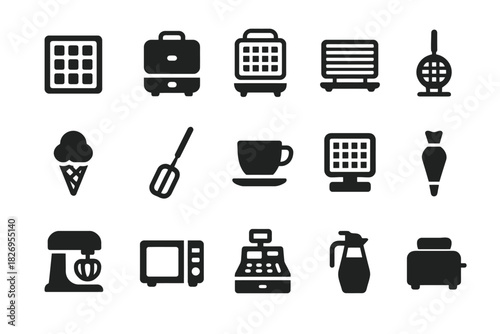 Collection of kitchen and household appliance icons in black silhouette