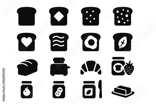 Breakfast icons collection: bread, toaster, jam, croissant, butter