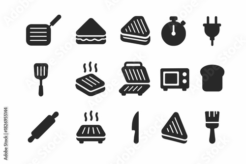 Kitchen appliance and utensil icons: sandwich maker, toaster, timer, plug
