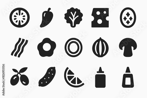 Black silhouette food icons including vegetables and condiments on white background