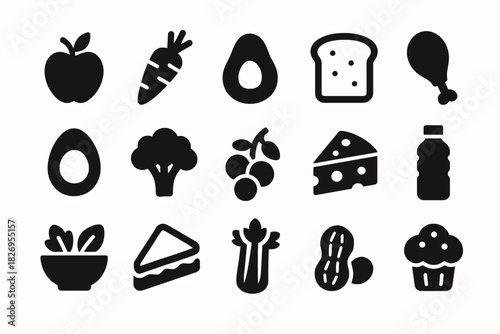 Silhouette icons of various foods: fruits, vegetables, and snacks