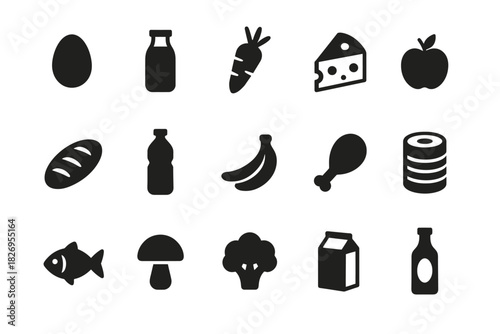 Black silhouette icons of various food items including fruits vegetables and dairy products