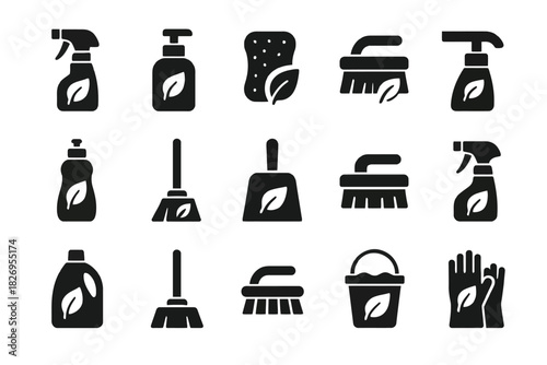 Eco-friendly cleaning icons set: spray, soap, mop, brush, gloves