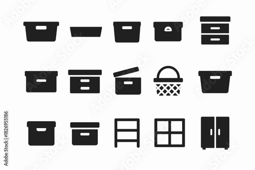 Collection of minimalist storage icons featuring baskets, boxes, and shelves in black