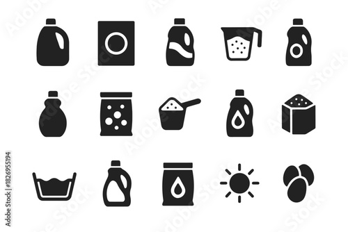Set of various laundry detergent and cleaning product icons in black and white