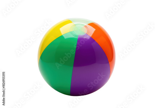 Free Download High-gloss pvc beach ball with six vivid segments (neon orange, emerald green, deep violet), perfectly inflated, captured in a sharp medium close-up product studio shot against a transparent - GFXLoad