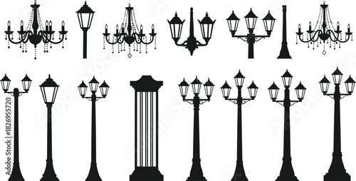 Chandelier and street lamp silhouettes, vintage lighting design, ornate fixtures, classical style, decorative elements, black icons, architectural inspiration