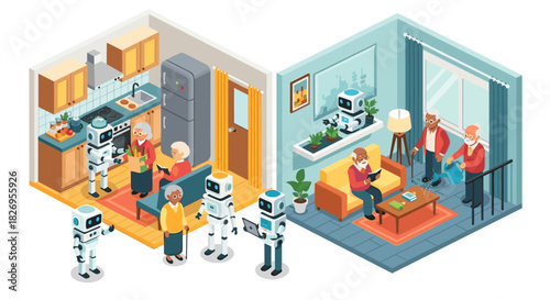 Isometric smart home with robots assisting elderly in daily activities