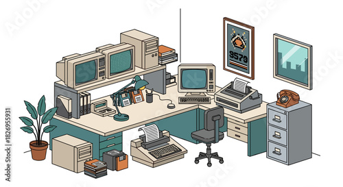 Retro office workspace with vintage computers and typewriters in isometric style