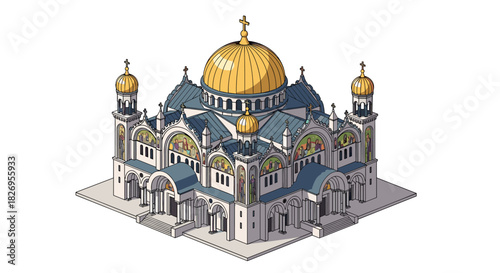 Isometric byzantine cathedral with golden domes and detailed architecture