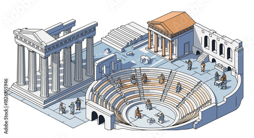 Ancient theater scene with classical greek architecture elements