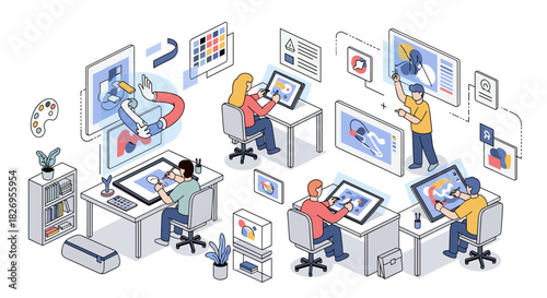 Creative team collaborating in a modern office environment with digital tools